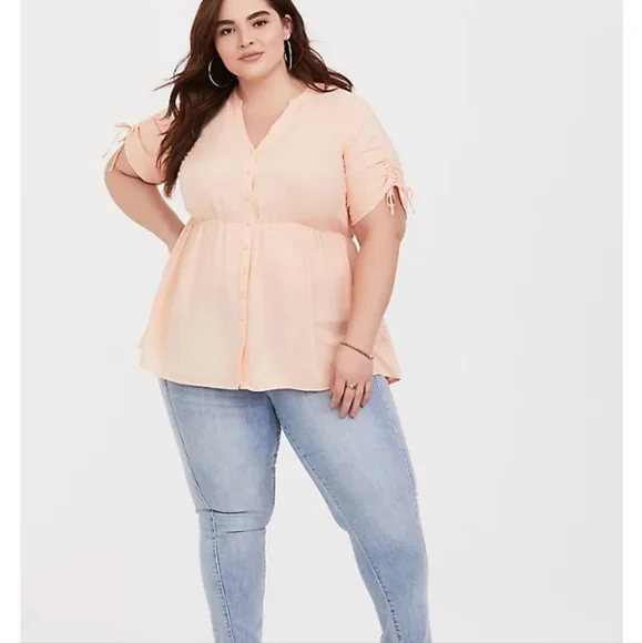 TORRID ORANGE PEACH CHALLIS TIE-SLEEVE BABYDOLL TOP - Picture 2 of 6